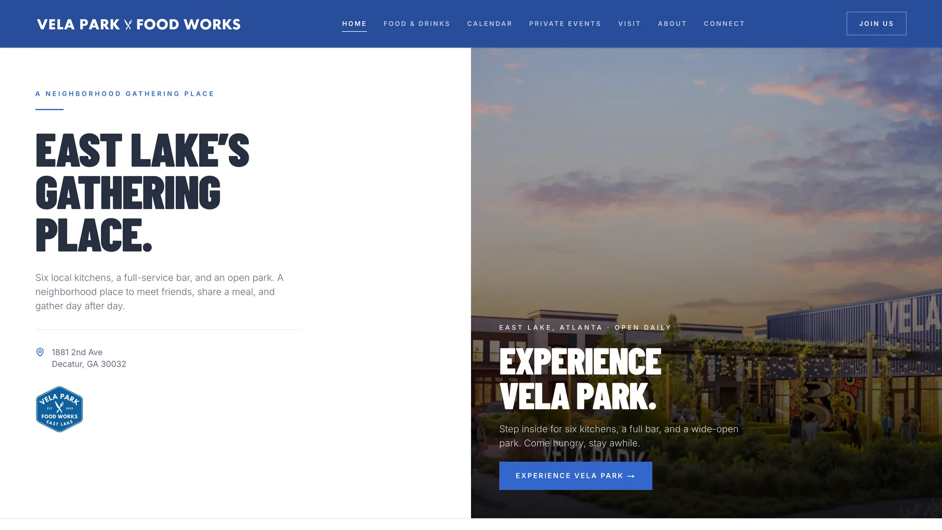 The Vela Park Food Works website, home page